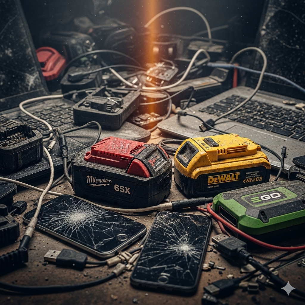 Broken electronics and dead batteries cluttering a workspace