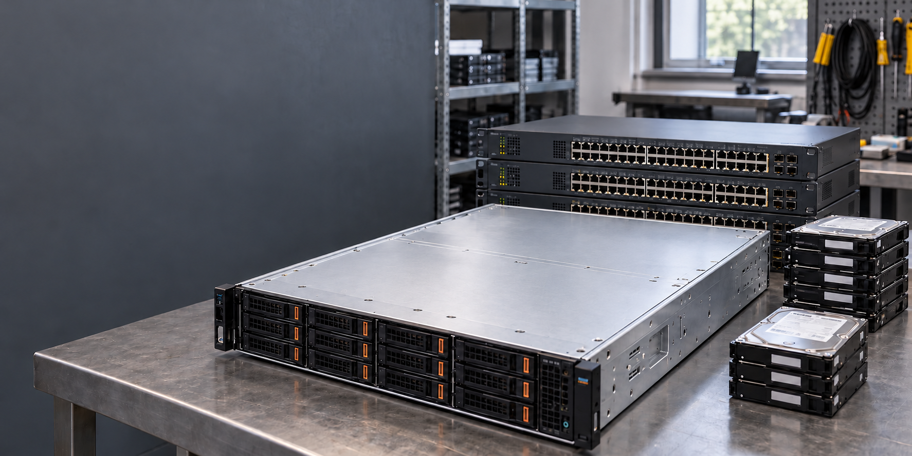 Closed rackmount server, network switches, and hard drives on a workbench
